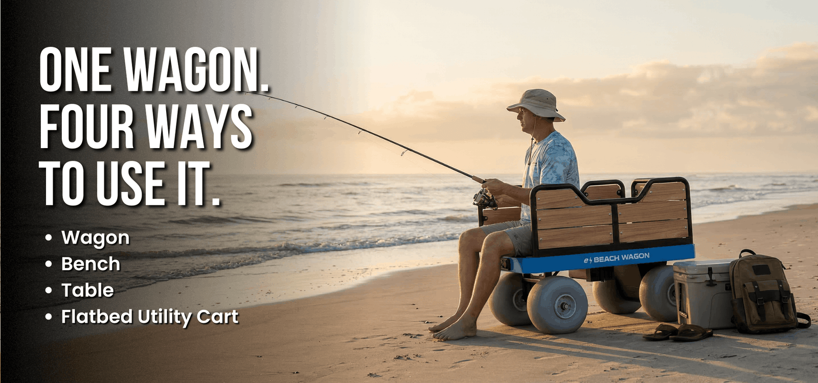 Person sitting on a multifunctional motorized beach cart. Electric beach wagon, bench, table, and flatbd utility cart. 