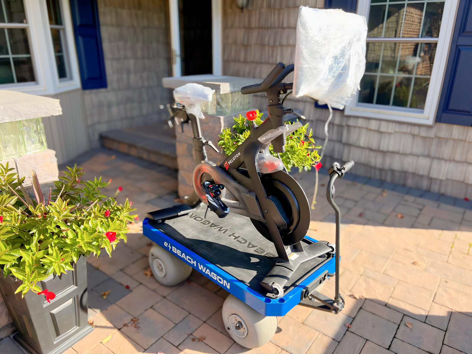 Exercise bike on an e-Beach Wagon with plants on a patio