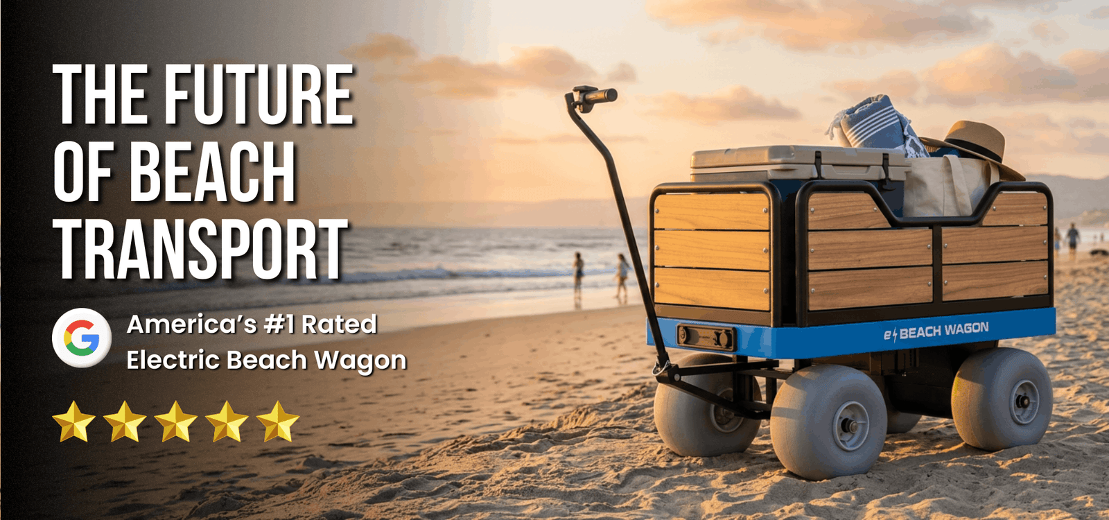 Electric beach wagon on a sandy beach with sunset sky, featuring text about beach transport and electric vehicle rating. America's top rated electric beach cart.