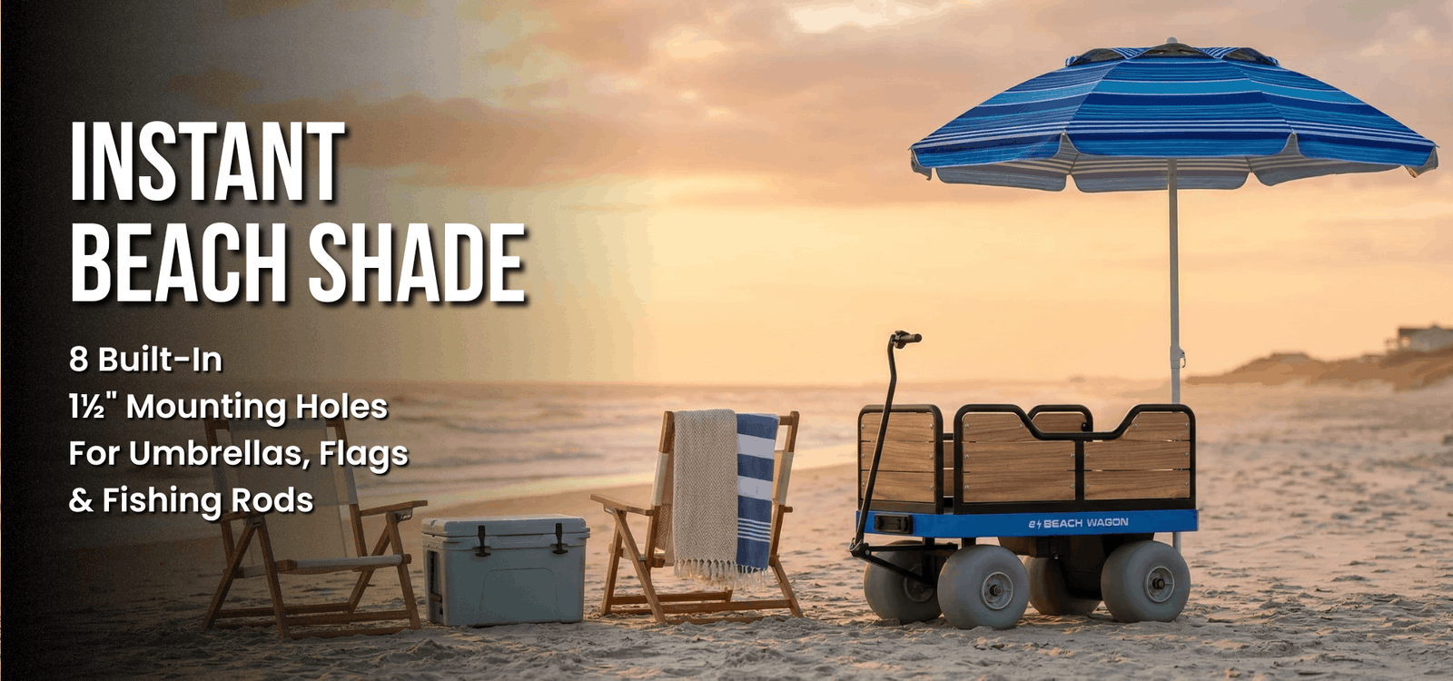 electric beach wagon with built-in holders for umbrellas, flags, and fishing rods