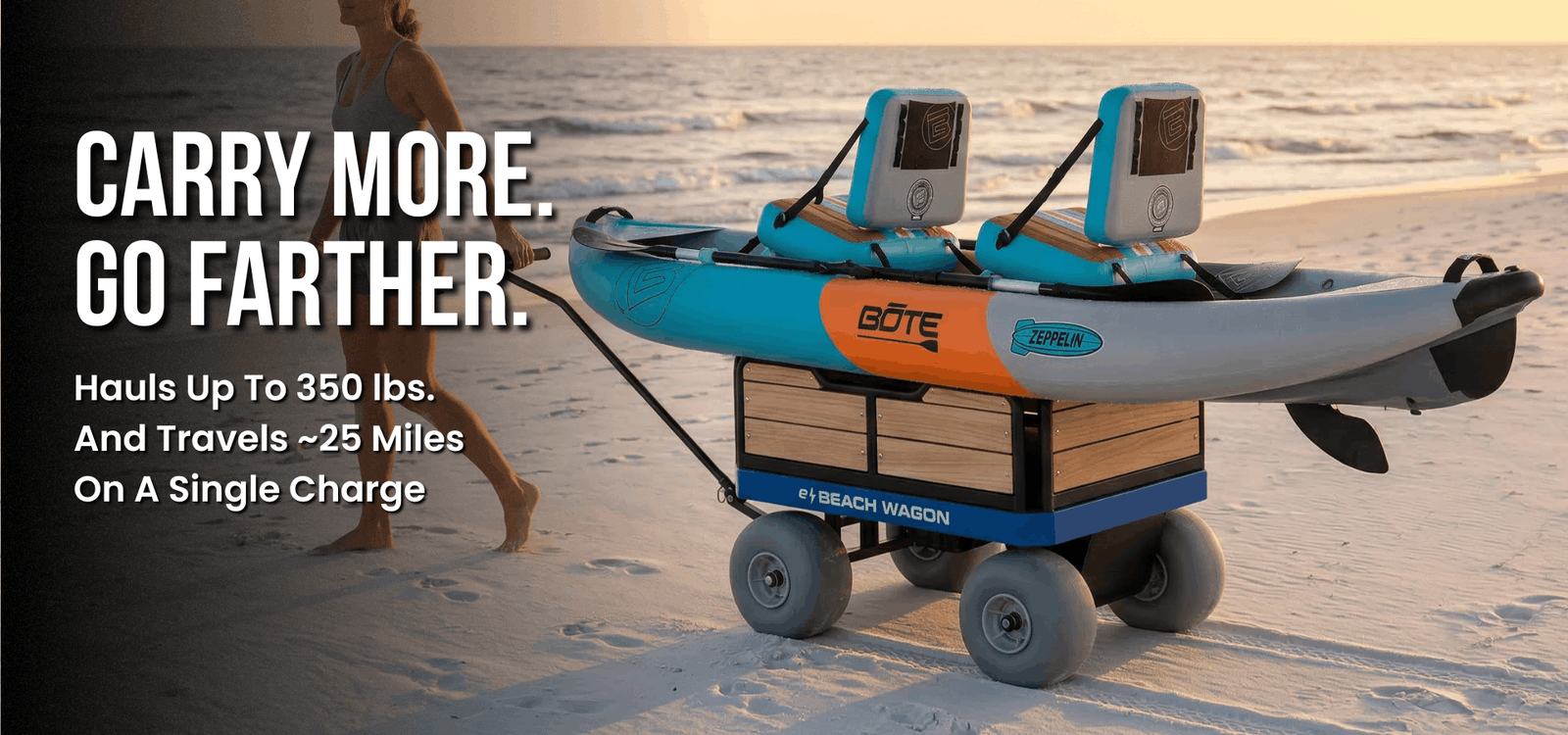 Electric beach wagon with kayak on a sandy beach. 350 lbs. 25 mile range.