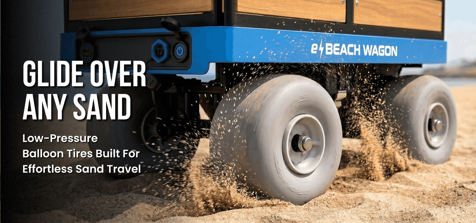 e-Beach wagon with large wheels designed for navigating all sand types with low-pressure balloon wheels