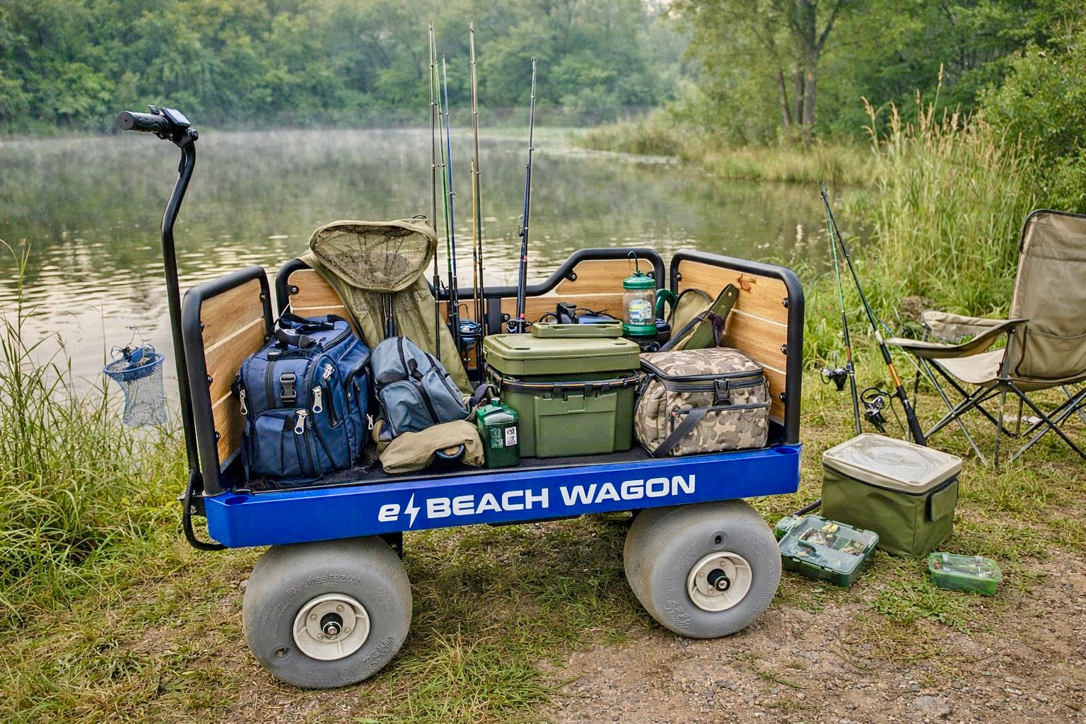electric beach wagon carrying fishing gear and tackle at a lakeside fishing spot